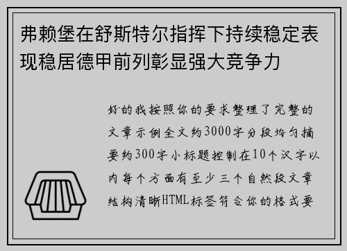 弗赖堡在舒斯特尔指挥下持续稳定表现稳居德甲前列彰显强大竞争力