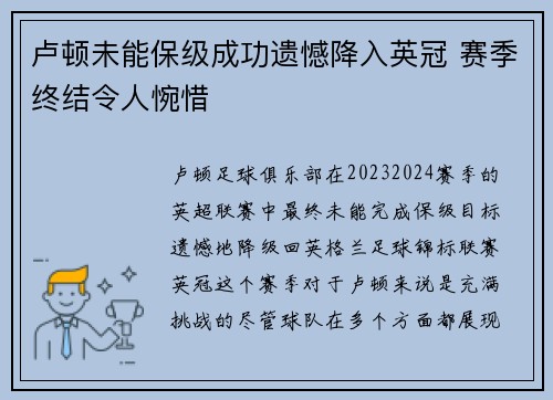 卢顿未能保级成功遗憾降入英冠 赛季终结令人惋惜