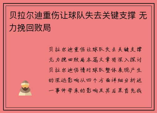 贝拉尔迪重伤让球队失去关键支撑 无力挽回败局